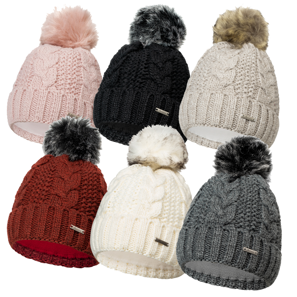 Damen Mütze Wintermütze Strickmütze Bommel kunstfell Strass gefüttert Fleece EG
